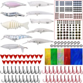 Crankbait Blanks Unpainted Fishing Lure Making Kit, Clear Minnow Hard Bait Set with Fishing Lure Eyes, Treble Hooks, Split Rings, Fishing Lure Stickers DIY Fishing Lure Kit 380pcs
