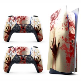 Skin Sticker for Game Console 5 Cover - Bloody Hand, Compatible with Both Disc Edition & Digital Edition (not Slim Ver) - 2 Controller Skins & Console Skin - No Bubble, Full Protection, Removable