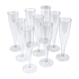 20 x one piece plastic champagne flute/glass. 160ml/6oz. Ideal for picnics, camping, glamping, festivals, pool, barbecue (BBQ), garden. With 2 x AIOS coasters