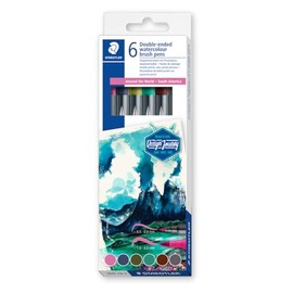 STAEDTLER 3001 C6-4 Water-soluble Double Fibre Tip Pens for Watercolour Effects Two Line Widths Fine Tip and Wide Brush Tip Cardboard Case with 6 Brilliant Colours