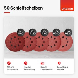 GAUDER Starter Sanding Discs Set for Random Orbital Sanders Diameter 125 mm | Pack of 50 Sandpaper Velcro | 8 Hole Sanding Sheets Round Each 10 x 80/120/180/240/320 Grit