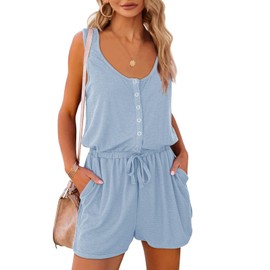 Mafulus Mono de verano para mujer, con cuello redondo, sin mangas, con botones, cintura ajustable y bolsillos, Azul (Sky Blue), XL