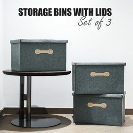 Enzk&Unity Decorative Storage Boxes with Lids, 3 Pack Grey Fabric Storage Bins with Handle, Foldbale and Stackable Storage Boxes for Shelf, Closet, Bedroom, Living Room