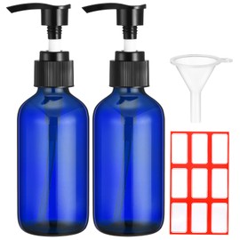 Fumete 2 Pack Glass Bottles 4oz Empty Refillable Liquid Containers with 1 Label 1 Funnel for Essential Oils Hair Travel Plants Cleaning Skin Care(Blue, Black Top,Pump Bottle)