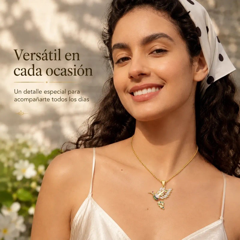 Collar Para Mujer Bano Oro 14k Dije Colibri Moissanita Multi