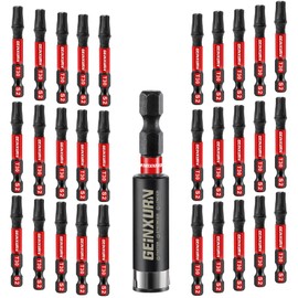 GEINXURN 30 Pieces T30 Impact-Resistant Screwdriver Bit Set 50 mm Length #30 Torx 1/4 Inch Hex Shank Drive Bits with 1 Piece 60 mm Magnetic Bit Holder, S2 Alloy Steel T30 Screwdriver Bits Set