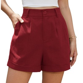 Jouica High Waisted Linen Blend Pull On Pleated Summer Shorts for Women 2024 Trendy Pockets,Wine Red,X-Large