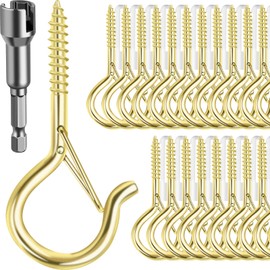 FSAH 50 Pack Screw-in Hooks for Outdoor String Lights, Q Hanger Hooks for Outside, Swivel Hanging Basket Patio Hook with Safe Buckle, Plant Eye Hook for Wall Ceiling with 1 Wing Nut Driver, Gold