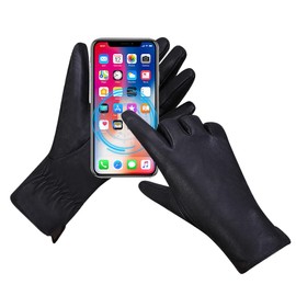 Women's Winter Leather Gloves Nappa Lambskin Touch Screen Gloves Warm Cashmere Lined,Black,XXL