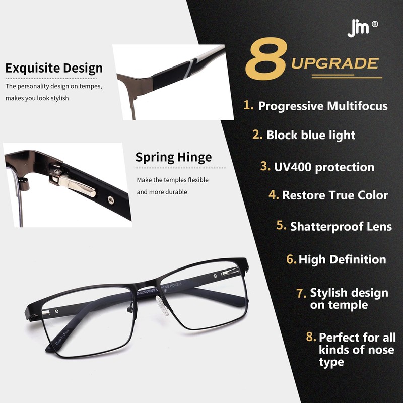 JM Progressive Multifocus Reading Glasses Men, Blue Light Blocking Readers