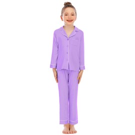 Veseacky Light Purple Button down Pajama sets Cotton Soft PJs for Big Girls Classic Childrens Pajamas Light Purple 13-14Y