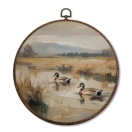 Qskjre Vintage Mallard Duck Wall Art Decor, Nursery Cottagecore Duck Pond Hunting Round Wood Framed Canvas Picture Wall Art, Rustic Bird Hunter Hanging Prints for Woodland Room Decorations 10"x10"