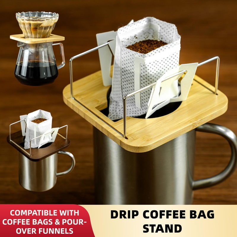 NEOUZA Bamboo & Stainless Steel Coffee Stand, 2-in-1 Drip Bag