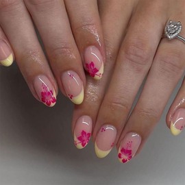 French Tip Press on Nails Short Almond Fake Nails with Hawaii Flower Designs Acrylic Nails Summer Glue on Nails Full Cover Glossy Stick on Nails for Women 24Pcs