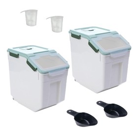 MXCELL 15LB Airtight Flour Rice Grain Cereal Storage Container With Spoon & Measuring Cup & Handle, 2 Pcs (Holds 30LBS) Pet Dog Cat Dry Food Bin, Easy to Move & Keep Food Fresh & Lid Easy to Open