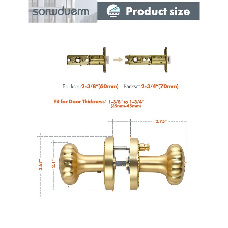 SORWDUERM Gold Door Knobs Privacy Door Knob Satin Brass Door