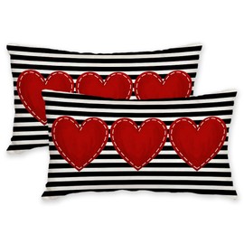 AACORS Valentine's Day Pillow Cover 12X20 Inch Set of 2,Striped Red Heart Decorations Holiday Farmhouse Decorative Pillow Case for Sofa Couch Decor AK003-12
