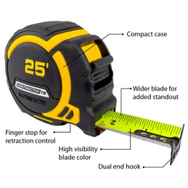Komelon 25-Ft Contractor TS Wide blade Tape Measure with Backside Printing, Manual Lock, Long Standout (93425)