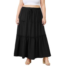 Moon Wood Maxi Skirt Women's Long Basic Stretch High Waist Summer Long Skirt with Ruffled Tiered Beach Skirt and Casual Skirt with Pockets Large Sizes, 00 Black, 4 XL