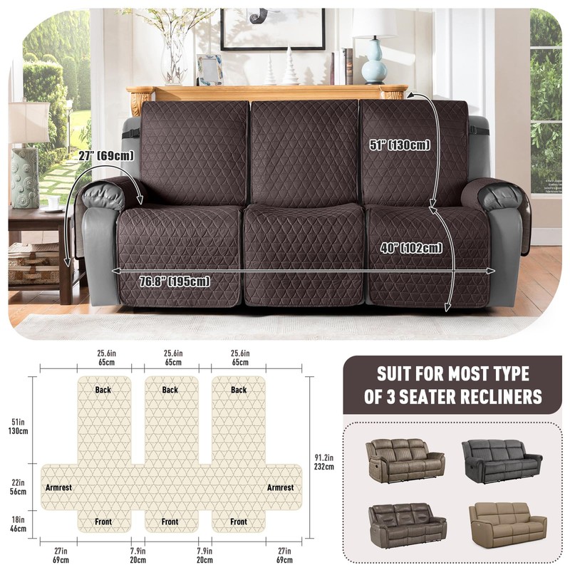 TAOCOCO 100% Waterproof Recliner Cover, Non-Slip Washable Reclining Couch Cover