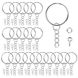 Granvoo Pack of 20 Key Rings with Chain Silver, Key Ring with 100 Split Rings + 100 Eye Screw Eyelets, 24 mm Metal Key Ring, Key Ring Set for DIY Key Chain Crafts