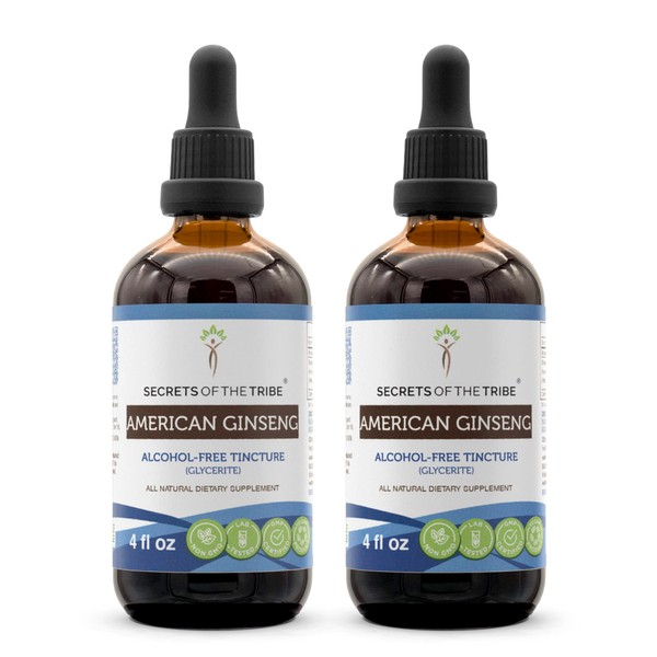 Secrets of the Tribe American Ginseng Tincture Alcohol-Free Extract, Farm Grown American Ginseng (Panax Quinquefolius) Dried Root Tincture Supplement (2x4 FL OZ)