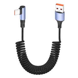 YACSEJAO 100W Coiled USB A to USB C Cable Right Angle,4.9FT Retractable 90 Degree USB Type C Fast Charging Cord, 6A Spiral Nylon Braided Reversible Plug for Phone/Laptop/Auto (Straight)