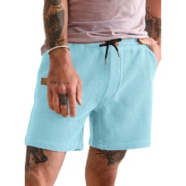JMIERR Mens 5 Inch Shorts Summer Casual Waffle Stretch Waist Drawstring Shorts Lightweight Basketball Running SweatShorts, L, Mist Blue