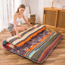 MAXYOYO Bohemian Retro Floor Mattress Vintage Floral Japanese Futon Mattress Roll Up Thicken Sleeping Bed Portable Camping Mattress Floor Lounger Couch Bed Mattress Pad, Full Size