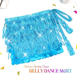 Unicra Gold Sequin Skirt Sparkly Fringe Skirt Glitter Belly Dance Hip Scarf for Women, Light Blue, One Size Short