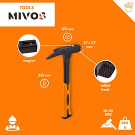 Mivos Roofing Hammer 600 g Head Weight 2K Fibreglass Handle - Carpenter's Hammer with Magnetic Nail Holder - Claw Hammer with Fibreglass Anti-Vibration Handle and Forged Head - DIN 7239