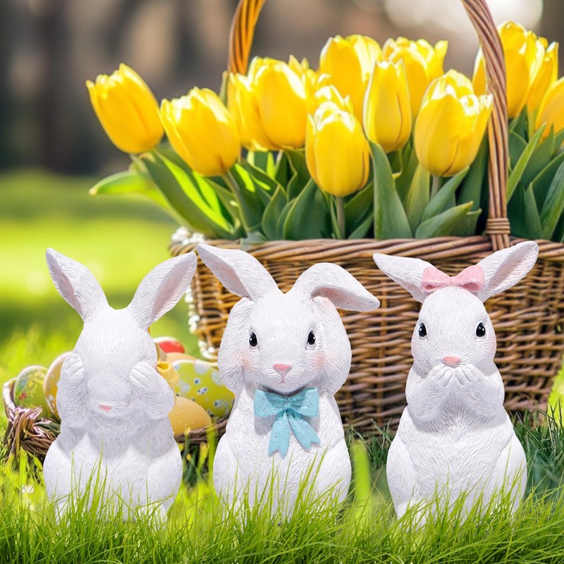Hodao Easter Decoration Three-Bunny Figurine Set - Adorable Handcrafted White