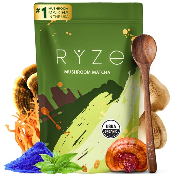 RYZE SUPERFOODS Mushroom Matcha, USDA Organic with 6 Adaptogenic Mushrooms