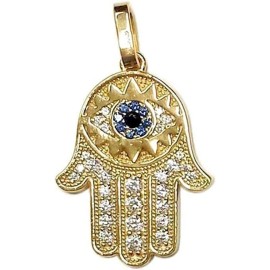 LaTisoro Sterling Silver CZ Hand of Hamsa Pendant Gold Plated Blue CZ - Evil...