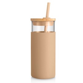 Tronco 20 oz Glass Tumbler with Lid & Straw - Iced Coffee Cup & Smoothie Cup With Silicone Sleeve | BPA-Free, Dishwasher Safe | Reusable Glass Cups with Bamboo Lids and Straws (Amber, 1 Count)