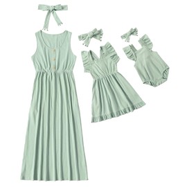 IFFEI Mommy and Me Dresses Matching Set Sleeveless Outfits with Poeckets and Headband Women S Green Mint