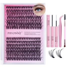 PAVONNE Lash Clusters Kit 280pcs DIY Lash Extension Kit with Bond and Seal, Dual-Ended Brow and Lash Brush & Tweezers - Wispy Fluffy Individual Lashes 9-16mm 30D 40D for Beginners