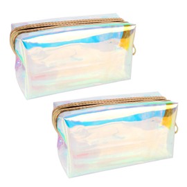 Jubaopen 2PCS Holographic Cosmetic Bag Colorful Laser Storage Bag Clear Toiletry Bag Waterproof Toiletry Bag Clear Wash Bag for Women Girls Teens Travel Gifts(18×7.5×10cm)