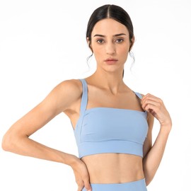 romansong - Brasier deportivo con espalda abierta para mujer, sexy, con tiras cortadas, longitud y tirantes y copas acolchadas extraíbles, Celeste, L