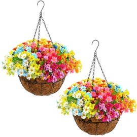 Lyrow 2 Pcs Artificial Hanging Flowers with Basket for Outdoor Decoration Colorful Fake Faux Plants Flowers for Spring Summer Patio Garden Porch Home Decor(Fresh)