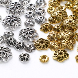 FEBSNOW About 160Pcs Spacer Beads Caps, Bali Style Mixed Tibetan Silver and Antique Gold Flower Bead Caps for Bracelet Necklace Earrings Jewelry Making Supplies