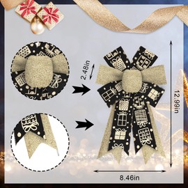 Estivaux 2 Pieces Christmas Bows for Wreath, Xmas Wreath Bows Shining Black Golden Burlap Bows Winter Holiday Craft Bows New Year Tree Topper Bows for Front Door Christmas Party Decorations