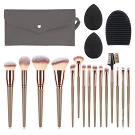 Brochas para Maquillaje, JASUVII 15 Makeup brush set + 2 Puff + Limpiador de Maquillaje, cepillo de maquillaje, Set de brochas cosméticas multifunction para Maquillar Ojos, Mejillas y Rostro (champán)