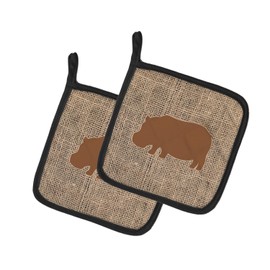 Caroline's Treasures Hippopotamus Faux Burlap & Brown Pair of Pot Holders BB1130-BL-BN-PTHD, 7.5HX7.5W, Multicolor