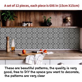 12 Pcs (6x6 in) Decorative Tile Stickers,Peel and Stick Wallcovering Self-Adhesive Waterproof Vinyl Tile Stickers for Kitchen Living Room Floor