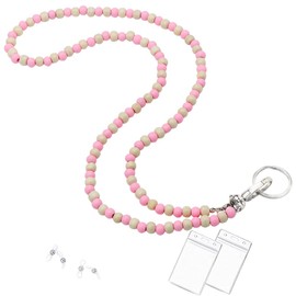 C&L Accessories Lanyard with Id Holder, Teacher Lanyard Beaded Wood Lanyard for Keys Neck Lanyard Cute Lanyards for ID Badges for Women (Pink/White)