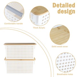 Xbopetda 2 Set Pantry Organizer and Storage, Plastic Potato and Onion Storage with Wooden Lid, Stackable Potato Storage Onion Holder, Kitchen Pantry Baskets for Onion Potato Fruit Produce Vegetable