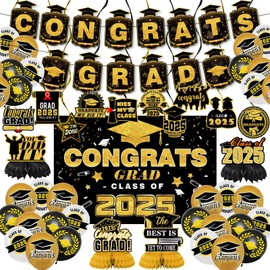 Graduation Party Decoration 2025, 36 Pieces Graduation Decoration Black Gold, Graduation Decoration Set with Balloons, Banner, Hanging, Swirls, Honeycomb Centrepiece, Background, Graduation Party