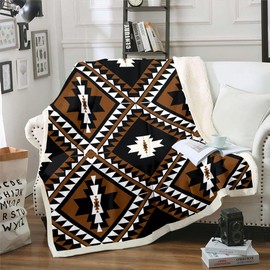 Rustic Western Queen 90"X90" Throw Blanket For Men,Southwestern Aztec Fleece Blanket Bohemian Plush Bed Blanket Ethnic Mexican Geometric Diamond Flannel Blanket Brown Black White Farmhouse Room Decor