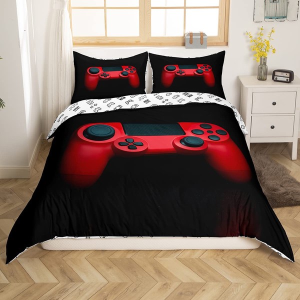 Erosebridal Twin Size Boys Gamepad Comforter Cover,Modern Fashion Red Gaming Controller Printed Duvet Cover,Gamer Video Games Decorative 2 Piece Bedding Set with 1 Pillow Case,Black